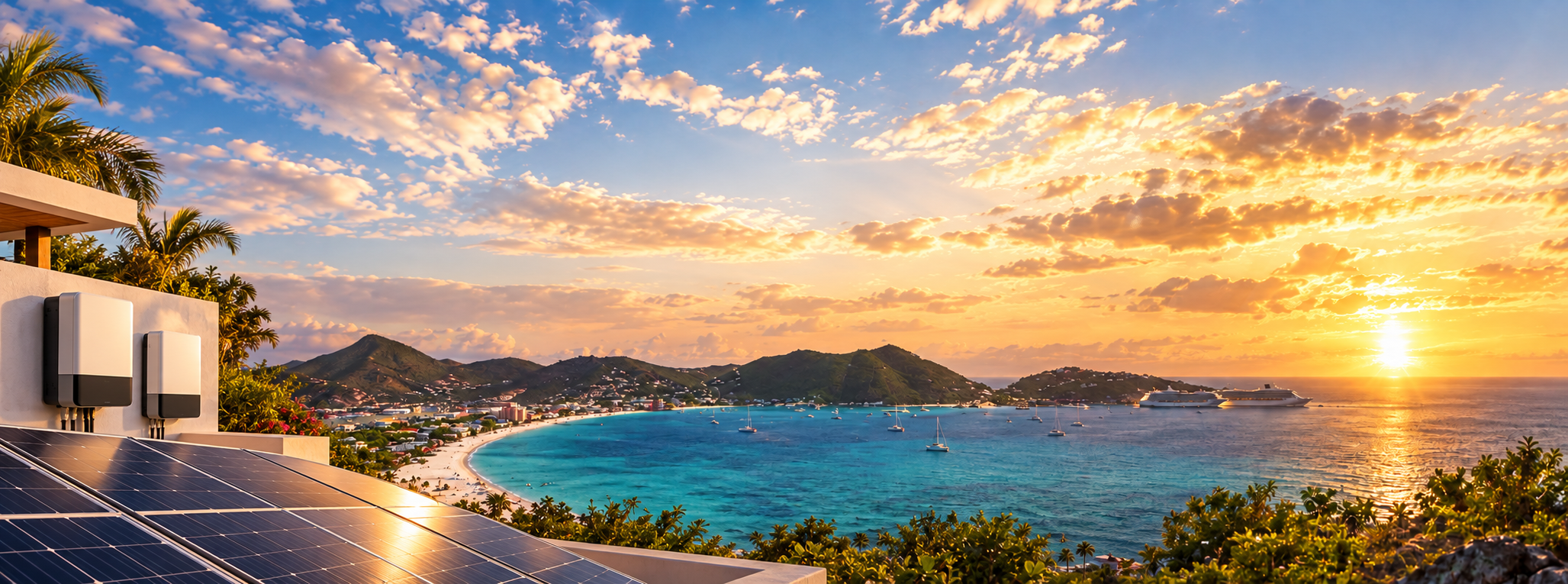 Solar panels and unbranded inverters overlooking Sint Maarten’s turquoise bay at sunset